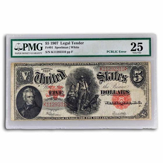 1907 $5 Legal Tender Woodchopper VF-25 PMG (Fr#91) PCBLIC 1907 $5 Legal Tender Woodchopper VF-25 PMG (Fr#91) PCBLIC