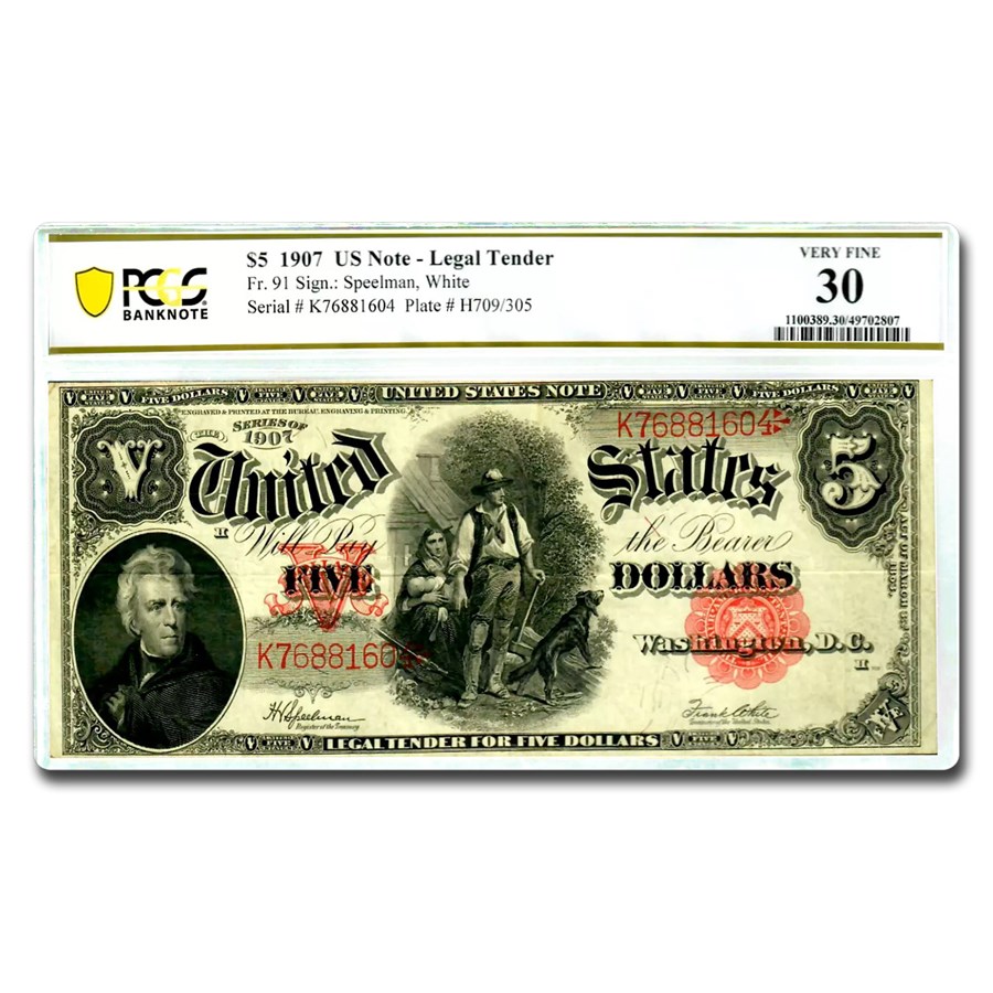 1907 $5 Legal Tender Woodchopper VF-30 PCGS (Fr#91)