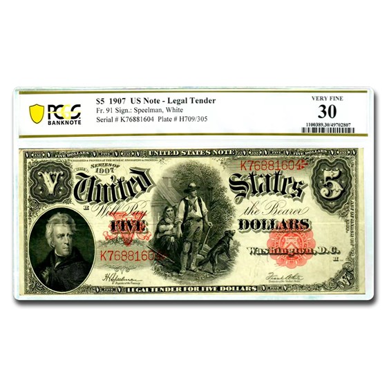1907 $5 Legal Tender Woodchopper VF-30 PCGS (Fr#91) 1907 $5 Legal Tender Woodchopper VF-30 PCGS (Fr#91)