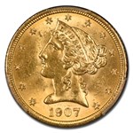 1907 $5 Liberty Gold Half Eagle MS-64 PCGS CAC