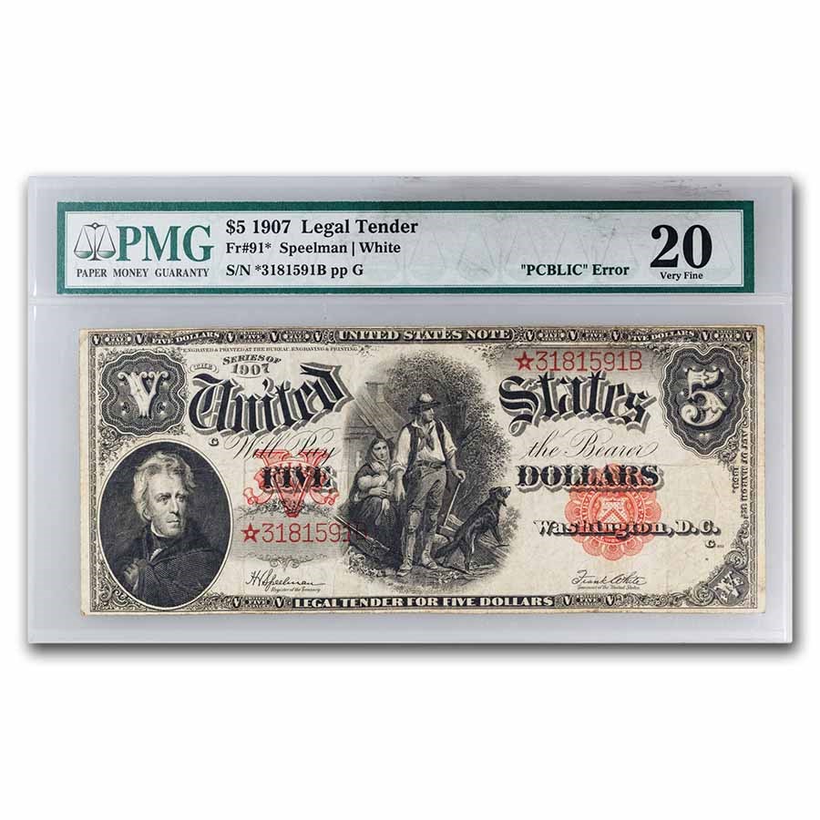 1907* $5 "PCBLIC" Error Woodchopper VF-20 PMG (Fr#91*) Star Note