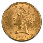 1907-D $5 Liberty Gold Half Eagle MS-64 NGC CAC