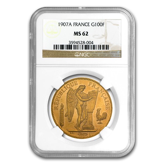 1907 France Gold 100 Francs Angel MS-62 NGC 1907 France Gold 100 Francs Angel MS-62 NGC