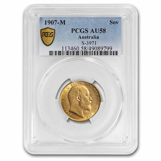 1907-M Australia Gold Sovereign Edward VII AU-58 PCGS 1907-M Australia Gold Sovereign Edward VII AU-58 PCGS