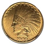1908 $10 Indian Gold Eagle No Motto AU-58 NGC