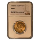 1908 $10 Indian Gold Eagle No Motto MS-61 NGC