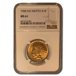 1908 $10 Indian Gold Eagle No Motto MS-61 NGC