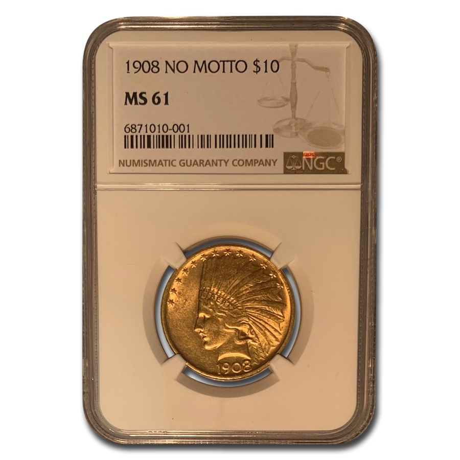 1908 $10 Indian Gold Eagle No Motto MS-61 NGC