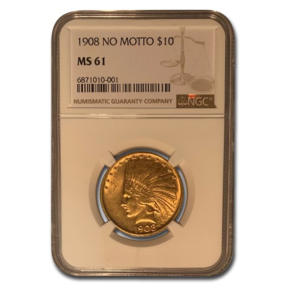 1908 $10 Indian Gold Eagle No Motto MS-61 NGC 1908 $10 Indian Gold Eagle No Motto MS-61 NGC