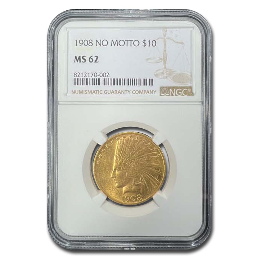 1908 $10 Indian Gold Eagle No Motto MS-62 NGC