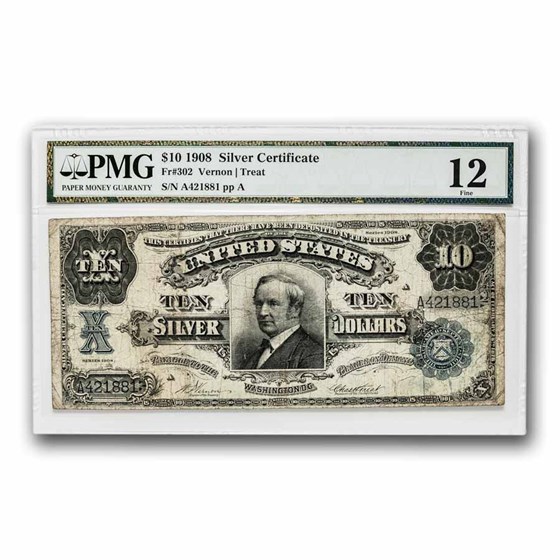 1908 $10 Silver Cert. Hendricks Tombstone F-12 PMG (Fr#302) 1908 $10 Silver Cert. Hendricks Tombstone F-12 PMG (Fr#302)