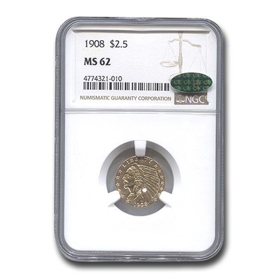 1908 $2.50 Indian Gold Quarter Eagle MS-62 NGC CAC 1908 $2.50 Indian Gold Quarter Eagle MS-62 NGC CAC