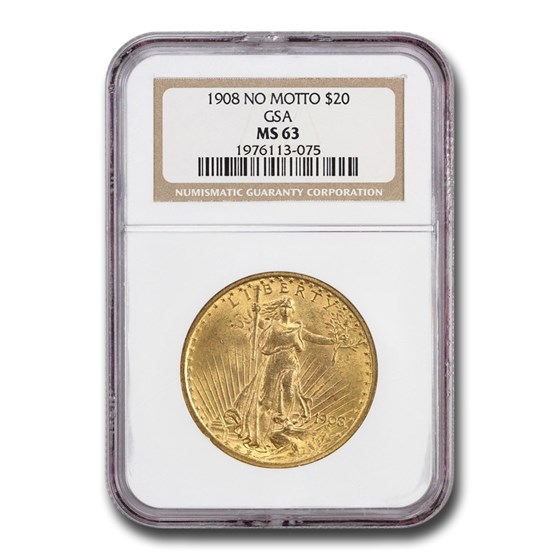1908 $20 Saint-Gaudens Gold Double Eagle MS-63 NGC (No Motto GSA) 1908 $20 Saint-Gaudens Gold Double Eagle MS-63 NGC (No Motto GSA)