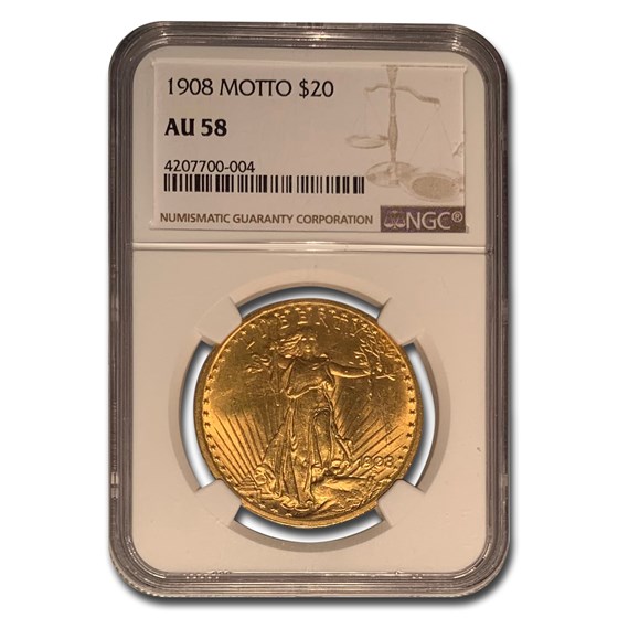 1908 $20 Saint-Gaudens Gold Double Eagle No Motto AU-58 NGC 1908 $20 Saint-Gaudens Gold Double Eagle No Motto AU-58 NGC