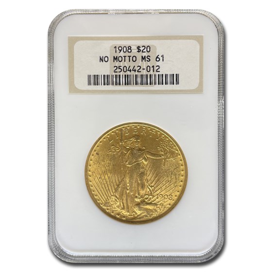 1908 $20 Saint-Gaudens Gold Double Eagle No Motto MS-61 NGC 1908 $20 Saint-Gaudens Gold Double Eagle No Motto MS-61 NGC