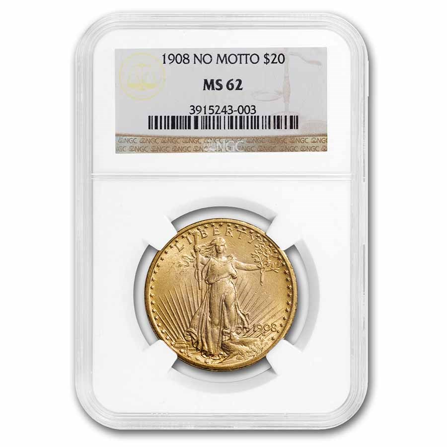 1908 $20 Saint-Gaudens Gold Double Eagle No Motto MS-62 NGC