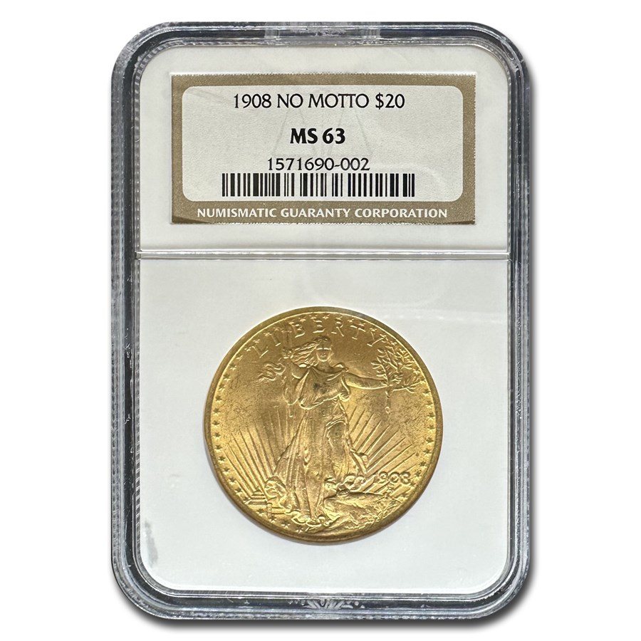 1908 $20 Saint-Gaudens Gold Double Eagle No Motto MS-63 NGC