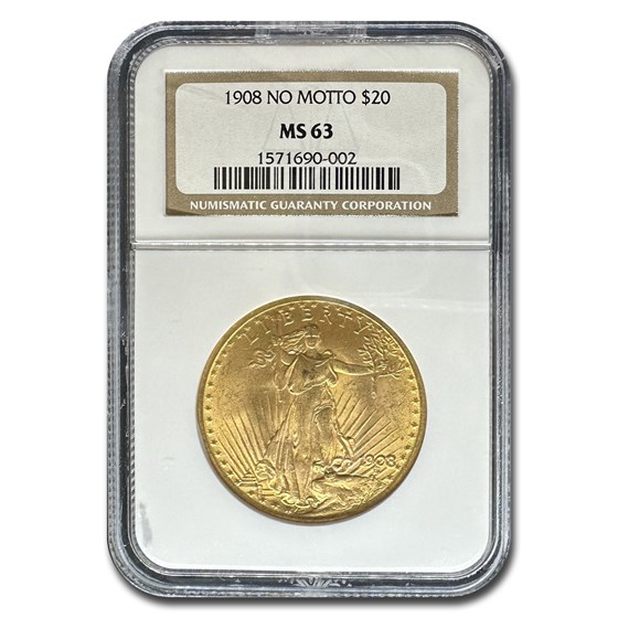 1908 $20 Saint-Gaudens Gold Double Eagle No Motto MS-63 NGC 1908 $20 Saint-Gaudens Gold Double Eagle No Motto MS-63 NGC