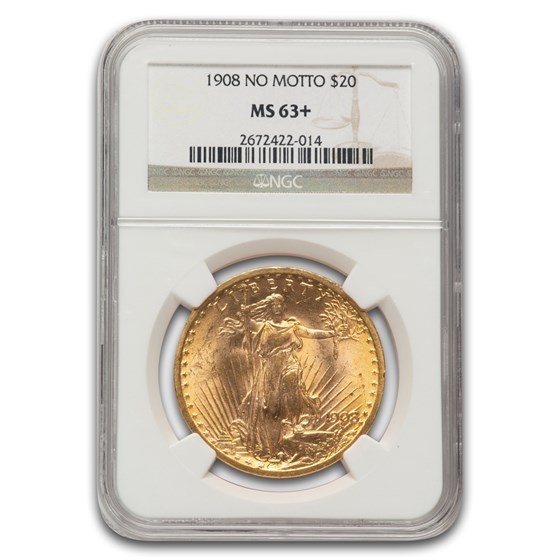 1908 $20 Saint-Gaudens Gold Double Eagle No Motto MS-63+ NGC