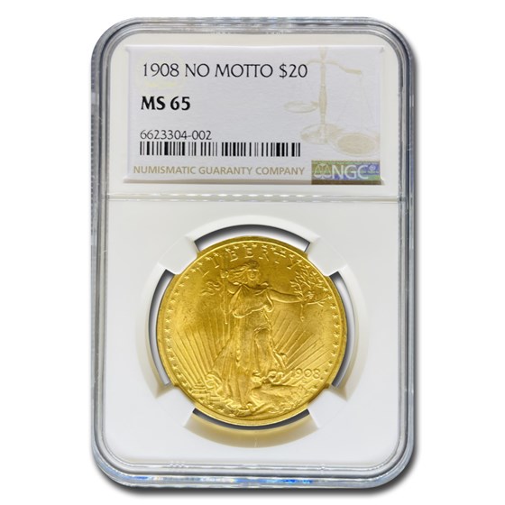 1908 $20 Saint-Gaudens Gold Double Eagle No Motto MS-65 NGC