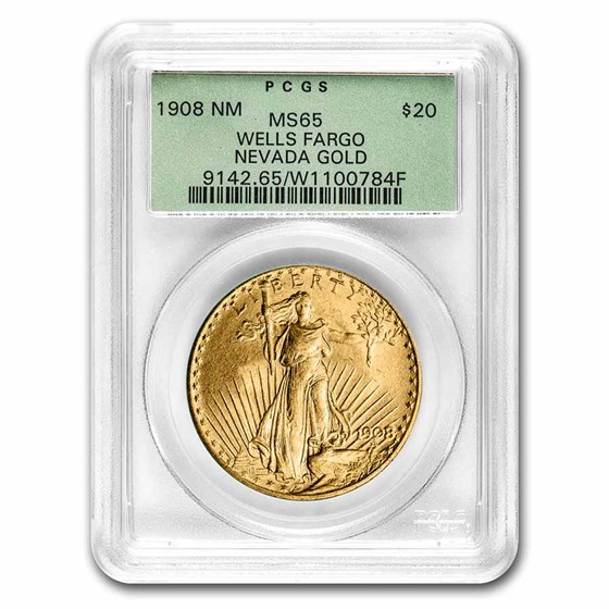 1908 $20 Saint-Gaudens Gold No Motto MS-65 PCGS (Wells Fargo OGH) 1908 $20 Saint-Gaudens Gold No Motto MS-65 PCGS (Wells Fargo OGH)