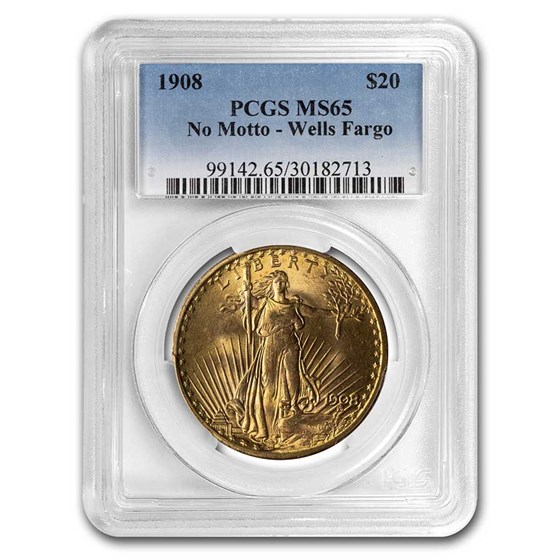 1908 $20 Saint-Gaudens Gold No Motto MS-65 PCGS (Wells Fargo) 1908 $20 Saint-Gaudens Gold No Motto MS-65 PCGS (Wells Fargo)