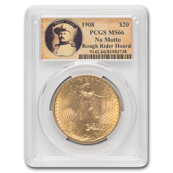 1908 $20 Saint-Gaudens Gold No Motto MS-66 PCGS (Rough Rider)