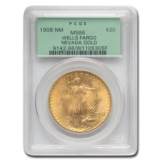 1908 $20 Saint-Gaudens Gold No Motto MS-66 PCGS (Wells Fargo OGH) 1908 $20 Saint-Gaudens Gold No Motto MS-66 PCGS (Wells Fargo OGH)