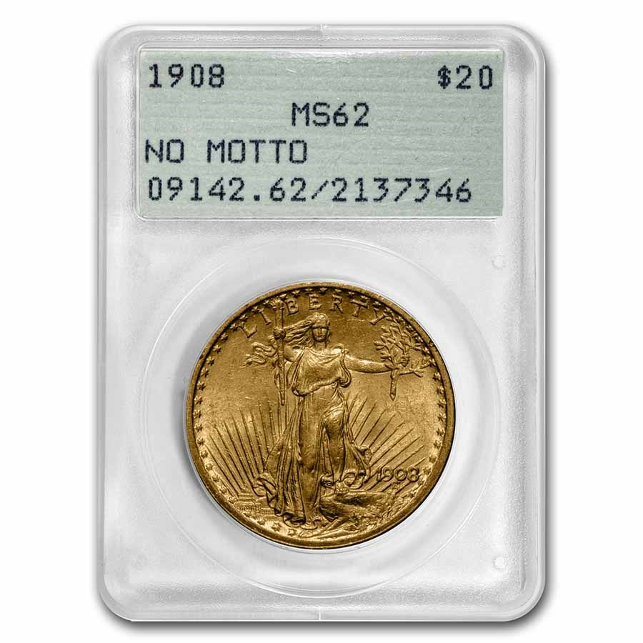 1908 $20 St Gaudens Gold Double Eagle NM MS-62 PCGS (Rattler)