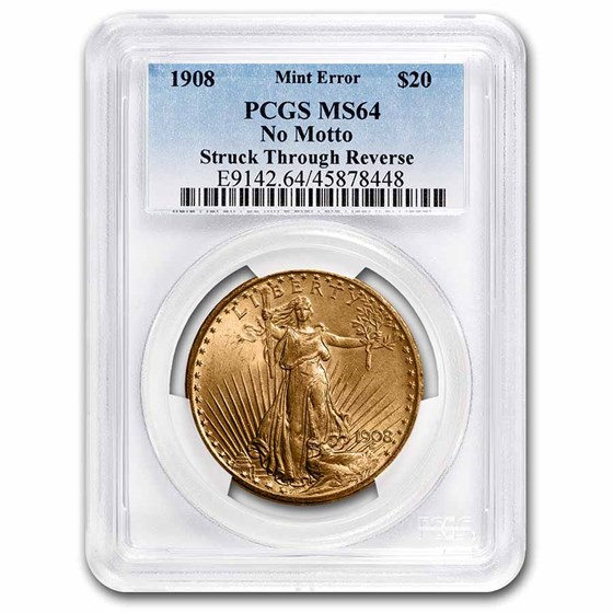 1908 $20 St-Gaudens Gold Double Eagle NM MS-64 PCGS (Mint Error)