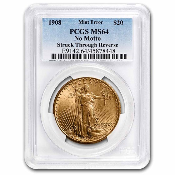 1908 $20 St-Gaudens Gold Double Eagle NM MS-64 PCGS (Mint Error) 1908 $20 St-Gaudens Gold Double Eagle NM MS-64 PCGS (Mint Error)