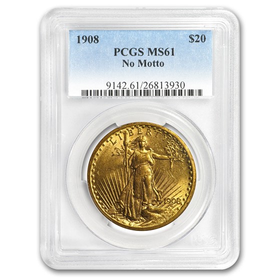 1908 $20 St Gaudens Gold Double Eagle No Motto MS-61 PCGS 1908 $20 St Gaudens Gold Double Eagle No Motto MS-61 PCGS