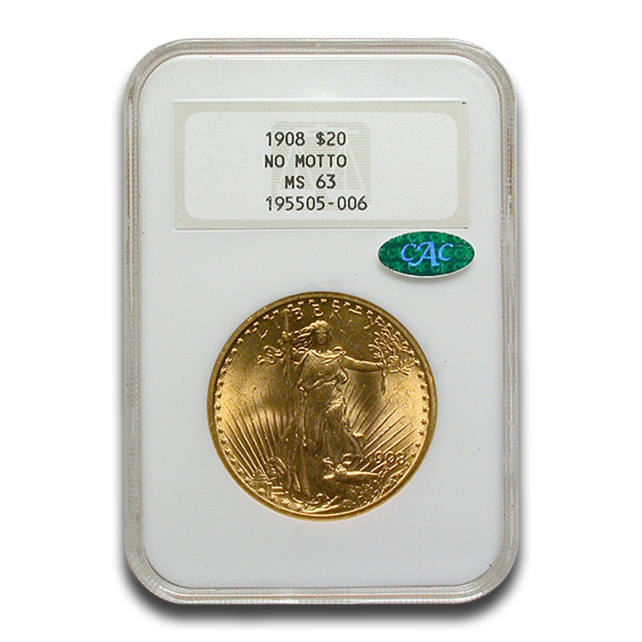 1908 $20 St Gaudens Gold Double Eagle No Motto MS-63 NGC CAC
