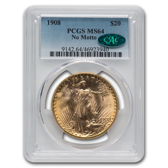 1908 $20 St. Gaudens Gold Double Eagle No Motto MS-64 PCGS CAC 1908 $20 St. Gaudens Gold Double Eagle No Motto MS-64 PCGS CAC