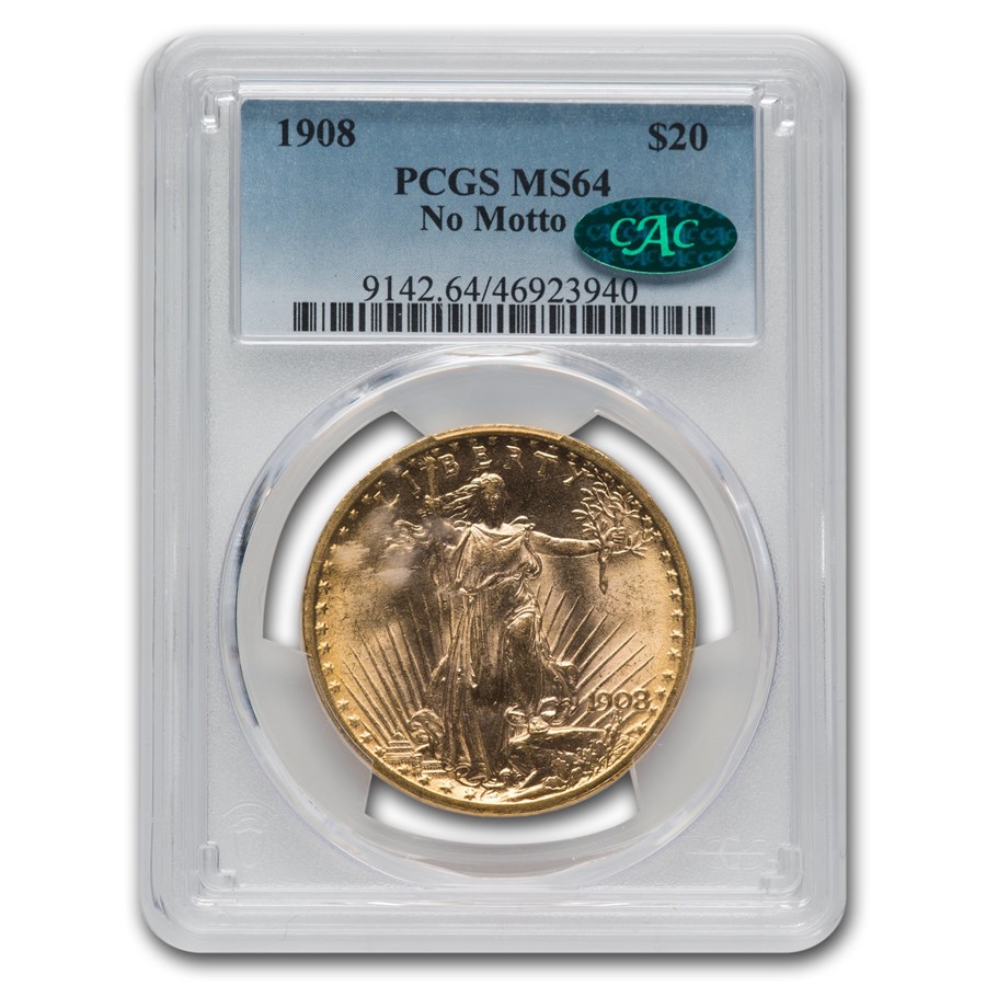 1908 $20 St. Gaudens Gold Double Eagle No Motto MS-64 PCGS CAC