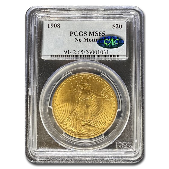 1908 $20 St. Gaudens Gold Double Eagle No Motto MS-65 PCGS CAC 1908 $20 St. Gaudens Gold Double Eagle No Motto MS-65 PCGS CAC