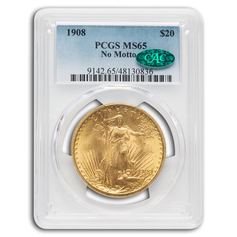 1908 $20 St. Gaudens Gold Double Eagle No Motto MS-65 PCGS CAC