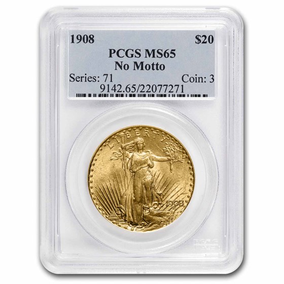 1908 $20 St Gaudens Gold Double Eagle No Motto MS-65 PCGS 1908 $20 St Gaudens Gold Double Eagle No Motto MS-65 PCGS