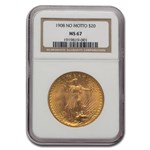 1908 $20 St Gaudens Gold Double Eagle No Motto MS-67 NGC