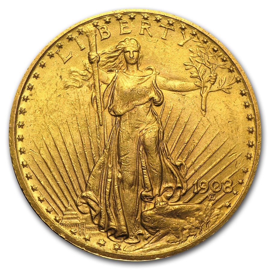 1908 $20 St Gaudens Gold Double Eagle w/Motto AU