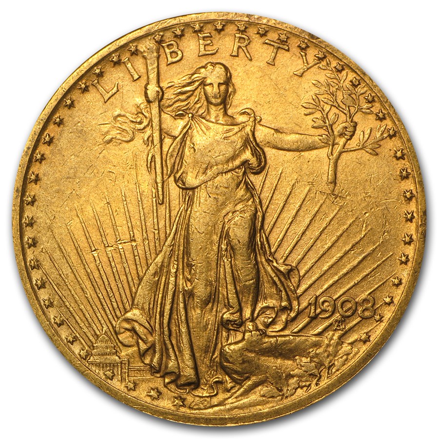 1908 $20 St Gaudens Gold Double Eagle w/Motto XF