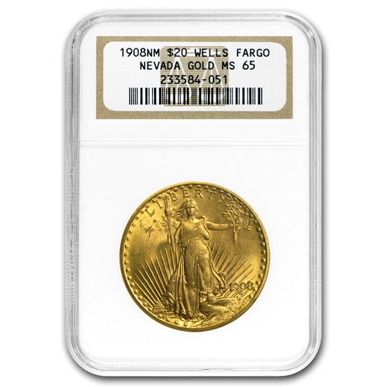 1908 $20 St Gaudens Gold No Motto MS-65 NGC (Wells Fargo) 1908 $20 St Gaudens Gold No Motto MS-65 NGC (Wells Fargo)