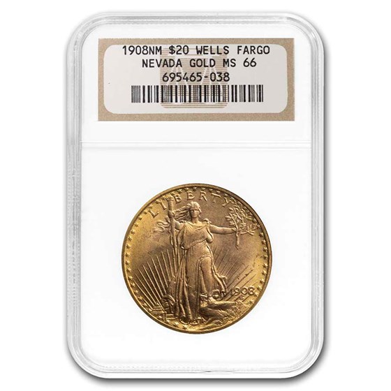 1908 $20 St Gaudens Gold No Motto MS-66 NGC (Wells Fargo) 1908 $20 St Gaudens Gold No Motto MS-66 NGC (Wells Fargo)