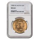 1908 $20 St Gaudens Gold No Motto MS-66+ NGC