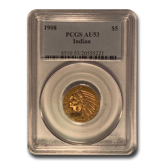 1908 $5 Indian Gold Half Eagle AU-53 PCGS 1908 $5 Indian Gold Half Eagle AU-53 PCGS