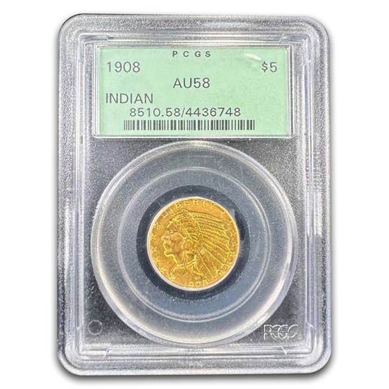 1908 $5 Indian Gold Half Eagle AU-58 PCGS