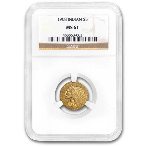 1908 $5 Indian Gold Half Eagle MS-61 NGC