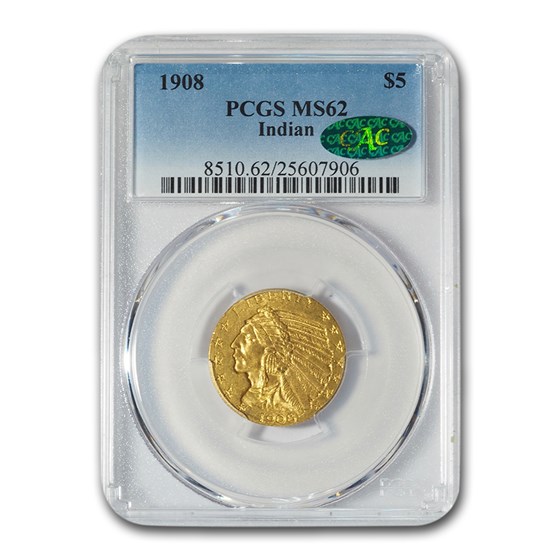 1908 $5 Indian Gold Half Eagle MS-62 PCGS CAC 1908 $5 Indian Gold Half Eagle MS-62 PCGS CAC