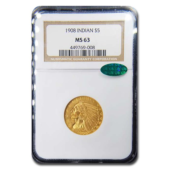 1908 $5 Indian Gold Half Eagle MS-63 NGC CAC 1908 $5 Indian Gold Half Eagle MS-63 NGC CAC