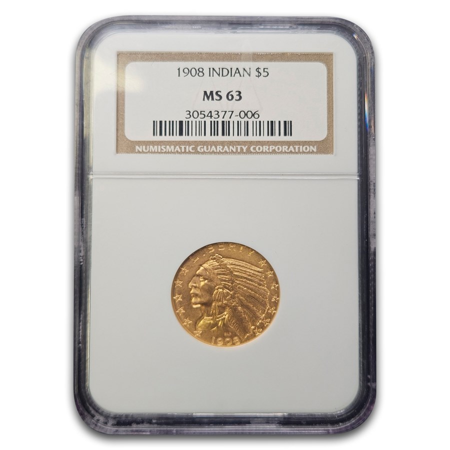 1908 $5 Indian Gold Half Eagle MS-63 NGC